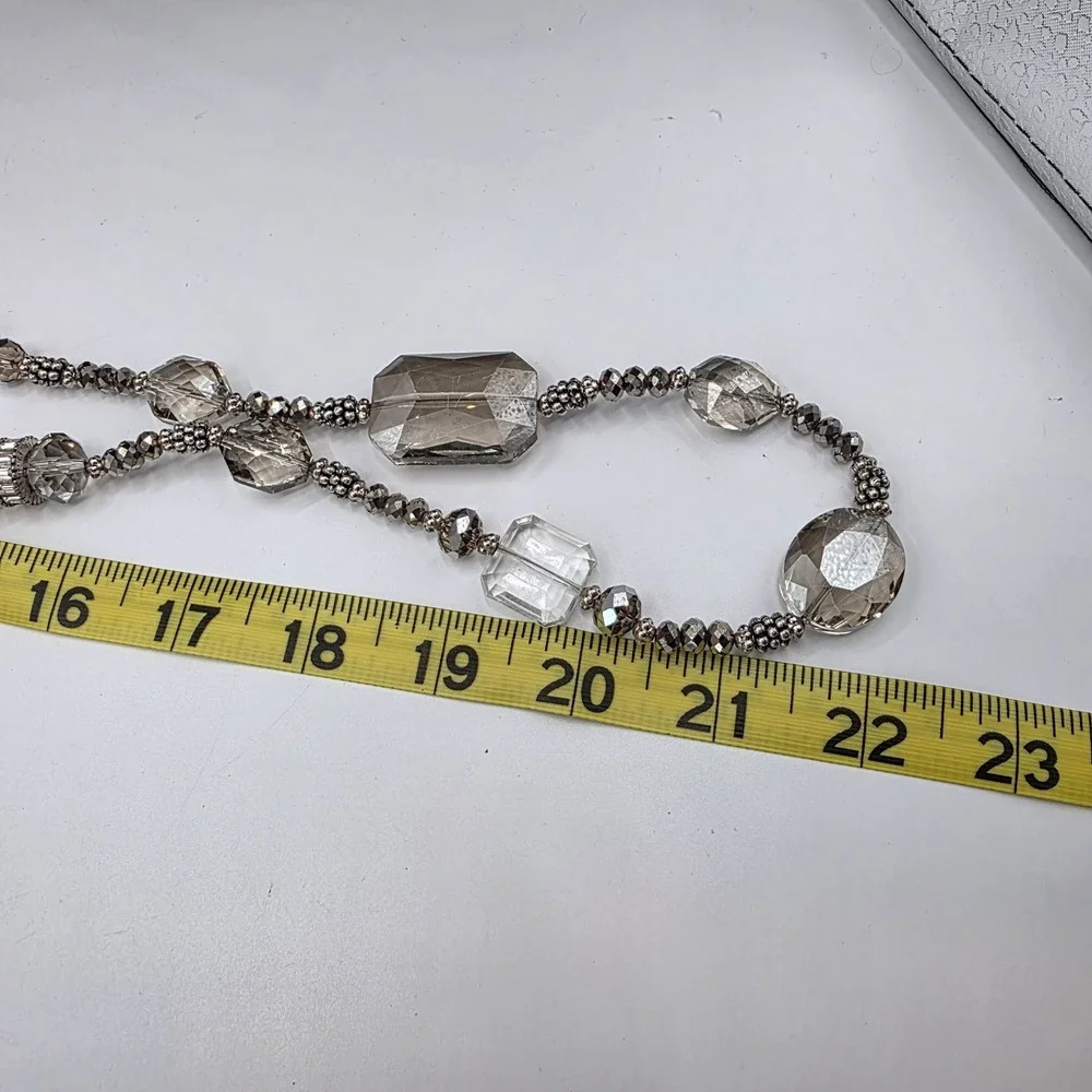 Chico's Beaded Statement Necklace Crystal Faceted‎ Gem Silver Tone Long Boho